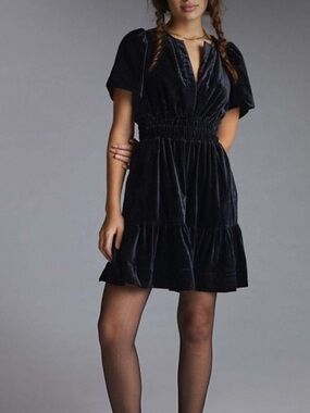Anthropologie Maeve Somerset Black Velvet Smocked Waist Mini Dress Size S